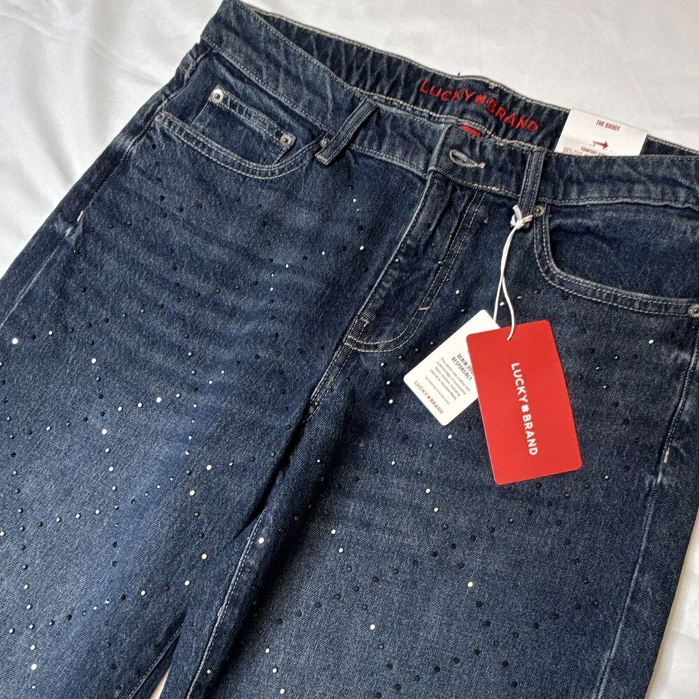 NWT Lucky Brand Women's Baggy Jeans Dark Wash Studded Stretch Size 6/28R
